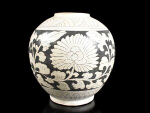 【雲】某名家買取品 高麗青磁 白黒象嵌草花文花瓶 壺 高さ26.5cm 古美術品(朝鮮古陶磁器韓国)AJ908 OTDcnbgf