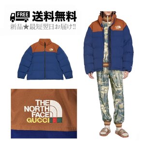 K393-S.. GUCCI × THE NORTH FACE グッチ ノースフェイス ダウン ジャケット コラボ フード付 メンズ ★ 4383 ブラウン × ブルー