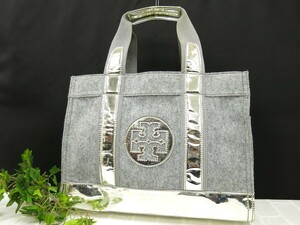 美品◆TORY BURCH トリーバーチ◆エラ◆ウール◆トート バッグ◆ライトグレー シャンパンゴールド SV金具◆腕掛け◆A4サイズ収納可◆N9205