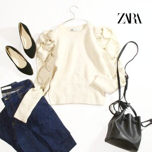 ZARA ザラ 厚手 レース編み パフスリーブ プリンセス デザイン ニットセーター M ホワイト 白