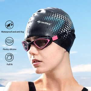 【プールに映える！】スイムキャップ《Wave Arrow》男女兼用 swimming cap　柔らかシリコン素材　黒 ブラック