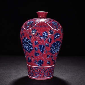 青花 臙脂紅 軋道花卉紋梅瓶 唐物 陶磁器 中国美術 工芸品 HB920