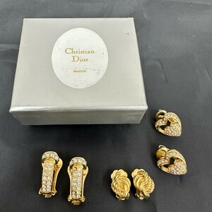 M851△◎Christian Dior クリスチャンディオール イヤリング 3点セット ハート ラインストーン ゴールドカラー アクセサリー まとめ ⑩