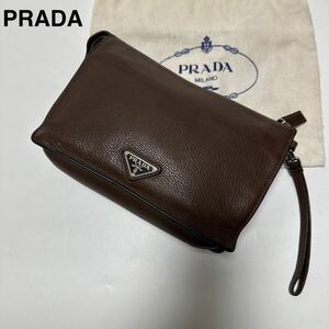 【極美品】1円〜　近年モデル　現行品　PRADA プラダ　三角ロゴ　シボ革　レザー　ブラウン　クラッチバッグ　ポーチ　セカンドバッグ