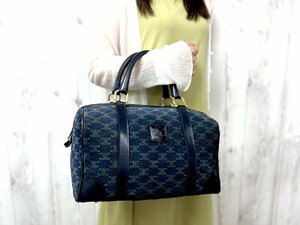 極美品 CELINE セリーヌ マカダム柄 ヴィンテージ ハンドバッグ ミニボストンバッグ バッグ スエード×レザー 紺 75192Y