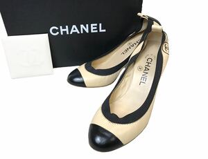 (D) CHANEL シャネル ココマーク バイカラー ヒール パンプス 37 ベージュ ブラック