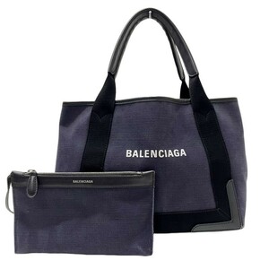 BALENCIAGA バレンシアガ ネイビーカバス トートバッグ 339933 キャンバス×レザー ネイビー×ブラック ポーチ付き 【中古品】 22405K303