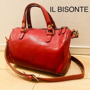 【美品】IL BISONTE イルビゾンテ ボストンバッグ ショルダーバッグ ハンドバッグ 2way レッド イタリア製 斜めがけ