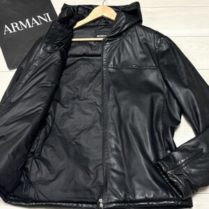 極美品/XLサイズ●エンポリオアルマーニ【幻の逸品】EMPORIO ARMANI レザージャケット レザーパーカー 羊革 ラム ダウンジャケット 中綿 52