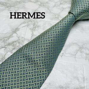 未使用級　エルメス　HERMES ネクタイ　H柄　ファソネ　グリーン　ビジネス　スーツ　シャツ　カフス