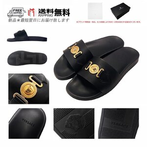 L275-43.. VERSACE ヴェルサーチ サンダル POOL SLIDE メドゥーサ メンズ カーフ レザー ロゴ イタリア製 ★ ブラック