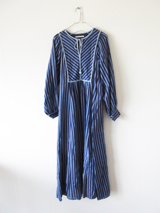 美品 2024SS ne Quittez pas / ヌキテパ 010441GR3 Cotton voile stripe gather dress M NAVY / ドレス ワンピース