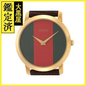 GUCCI　グッチ　シェリーライン 2200M　レッド×グリーン文字盤　GP/革　クオーツ　メンズ時計　2148103713231【207】