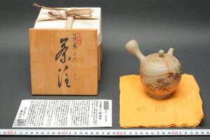 5734 新品未使用品 名工彫師 白道彫 中野光影 白泥 藻掛 色彩紅葉彫 急須 茶注 煎茶道具 