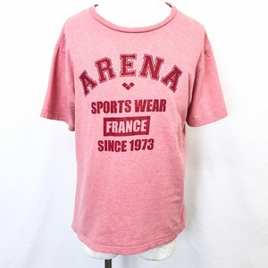 arena アリーナ L メンズ 男性 Tシャツ カットソー ミニ裏毛 プリント 英字 ロゴ フロッキー 服 丸首 半袖 綿×ポリ ヘザーピンク 杢ピンク