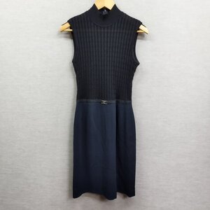 J687 Courreges クレージュ ワンピース ハイネック ケーブル ニット 切替 ノースリーブ ウエスト マーク 綺麗目 レディース ネイビー 9AR