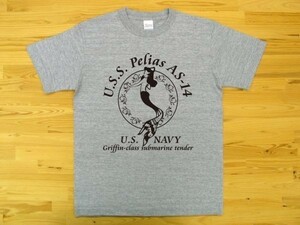 U.S.S. Pelias AS-14 杢グレー 5.6oz 半袖Tシャツ 黒 L ミリタリー 米海軍艦艇 グリフィン級潜水母艦 ペリアス U.S. NAVY 人魚