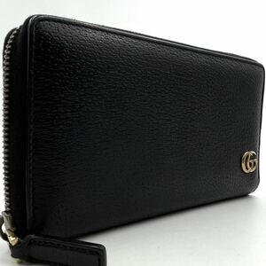 1円/極美品● GUCCI グッチ 長財布 ウォレット ラウンドファスナー ジップ GG マーモント ロゴ ゴールド金具 黒 ブラック レザー ビジネス