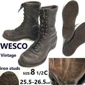 60s-70s?/Vintage☆WESCO/ウェスコ☆鉄鋲/スパイクソール/ロガーブーツ【8.5C/茶】iron studs/JOBMASTER/Leather/Boots/shoes◆pWB110-8