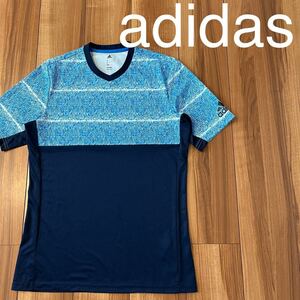 adidas アディダス 半袖シャツ Tシャツ ポリエステル ツートン climalite プリントロゴ ネイビー ブルー サイズ0 玉mc2836