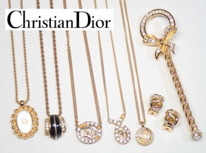 11244[A]正規品♪Christian Dior クリスチャンディオール/アクセサリー7点/ネックレス ブローチ イヤリング/ゴールドカラー ラインストーン