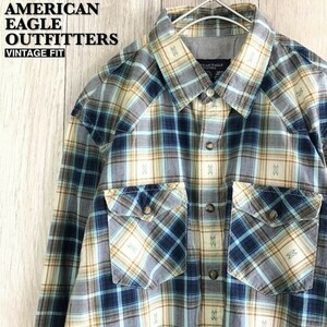 ★美品!! 正規品★[AMERICAN EAGLE アメリカンイーグル]オルテガ模様入 チェック柄 長袖 ウエスタンシャツ[M]青 茶 アメカジ サーフ K-510