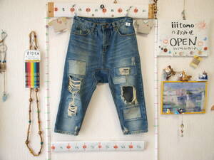 ♪服2239_P5♪ デニムハーフパンツ/ハードダメージ/リペア加工 PLAYME JEANS W=28インチ(実測で75cm位)股下42ｃｍ位 Used～iiitomo～