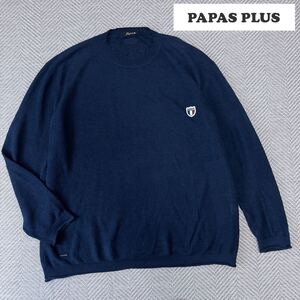 【美品♪】Papas+ パパスプラス◇日本製 麻×コットン カジュアル 丸首 薄手 長袖ニットセーター メンズ サイズM ネイビー 紺色