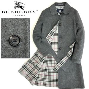 美品!!三陽商会 BURBERRY LONDON ウール カシミヤ 高級 ロング コート(38)チェック柄グレー 灰色 レディース アウター バーバリー