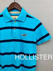 【美品・良品】 ホリスター HOLLISTER ポロシャツ 半袖 ボーダー ロゴ ブルー メンズ Sサイズ ♪