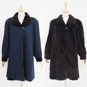 美品【 リバーシブル 】高級毛皮 シェアードミンク×生地◆ロングコート 91cm丈◆ネイビー系 サイズ無し◆V612S