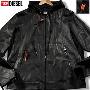 極美品/XLサイズ●DIESEL ディーゼル ラムレザー パーカー ジャケット ライダース ジップ 羊革 胸元ワッペン ファスナーロゴ 黒 ブラック