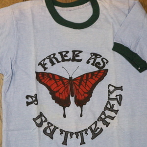 Dead Stock 80s Free as a BUTTERFLY リンガー Tシャツ ブルー バタフライ 蝶 チョウ イラスト 昆虫 アニマル 動物 90s ヴィンテージ