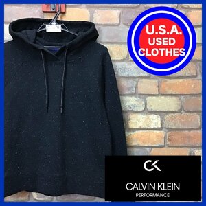 ME11-876★USA買付商品★良品★【Calvin Klein PERFOMANCE】ネップ生地・スリット入り スウェットパーカー【L】ブラック USA古着 フーディ