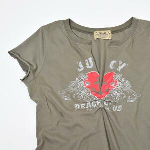 平成 00s Y2K 平成 USA製 ジューシークチュール JUICY COUTURE グランジ プリント Tシャツ 後ろギャザー M カーキ フェアリーグランジ