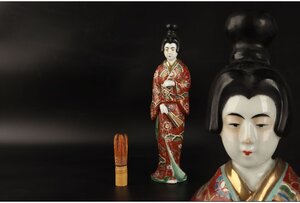 [URA]伊万里/色絵金彩花草紋美人像/H34.5cm/9-1-81　(検索)骨董/人形/置物/飾物/インテリア/アンティーク