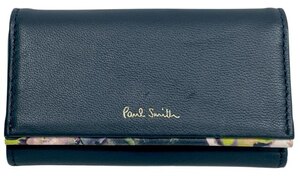 未使用 ポールスミス キーケース コンパクト ネイビー ブラック　花柄 紺 トリム レディース Paul Smith　【中古】