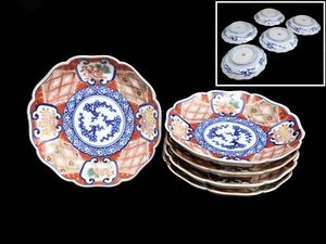 fbjf-mS　九谷　大聖寺伊万里　金襴手 窓絵　柘榴　松　梅　菊花四方襷紋の図　４寸皿　５枚