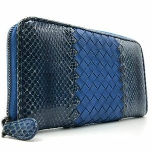 1円【希少色/極美品】BOTTEGA VENETA ボッテガヴェネタ メンズ 長財布 イントレチャート ラウンドファスナー パイソン 蛇 レザー ブルー 青