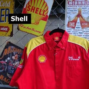 Shell シェル レーシングシャツ フェラーリ Ferrari XLサイズ レッド イエロー 刺 ロゴ ワークシャツ 10231