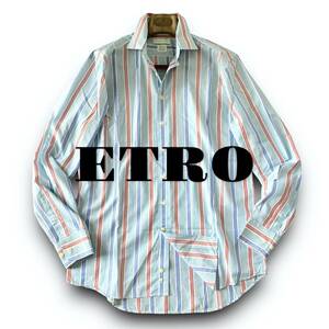 B11 美品 名作名品！定価5万 XLぐらい 41『エトロ ETRO』イタリアンコットン マルチカラー ブルーストライプ 長袖 シャツ 鮮やかな色合い！