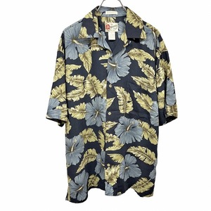 The Hawaiian Original アロハシャツ 花柄 半袖 胸ポケット ボックスカット フレンチフロント レーヨン100% S ネイビー 紺×緑 メンズ
