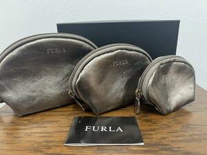 FURLA/フルラ★ポーチ 3つセット 大中小 サイズ違い 親子孫 化粧ポーチ 小物入れ 使用回数少 ブロンズ色◆管No4618