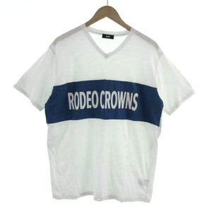 RODEO CROWNS WIDE BOWL RCWB Ｔシャツ Vネック 半袖 ロゴプリント 配色 バイカラー コットン混 ホワイト 白 ブルー 青 XL メンズ