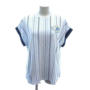 グラニフ graniph Tシャツ カットソー 半袖 ロールアップ ストライプ 刺繍 ボートネック F 青 ブルー /CT レディース