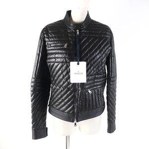 未使用品★MONCLER モンクレール FLAMANT ラバーロゴワッペン付 ラムレザー ライダース ダウンジャケット ブラック 1 正規品 レディース