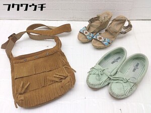 ■ 《 MINNETONKA まとめ売り3点セット サイズ5.5＆6 モカシン シューズ サンダル ショルダーバッグ レディース 》