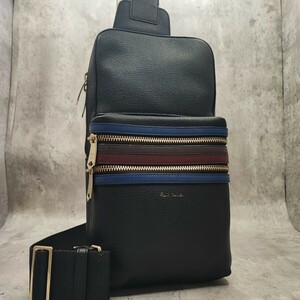 最高級●Paul Smith ポールスミス メンズ マルチストライプ ショルダーバッグ ボディバッグ 斜めがけ 肩がけ ロゴ 本革 レザー 黒 ブラック