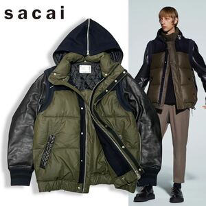 23 美品 国内正規品 sacai サカイ 21-02645M 21AW Padded Jacket アームレザーパテッドジャケット 中綿ジャケット 2 オリーブ ブラック