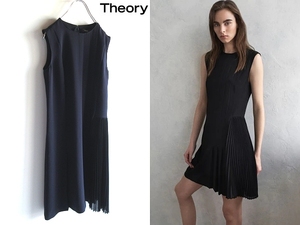 美品 Theory セオリー 2019SS SYNTHETIC CREPE PLEATED DAY DRESS アシンメトリープリーツ ノースリーブワンピース ドレス 0 ネイビー 紺